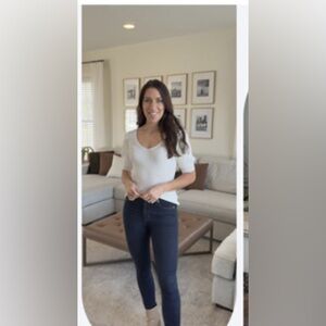 Pretty v neck puffed sleeve pointelle summer lightweight sweater